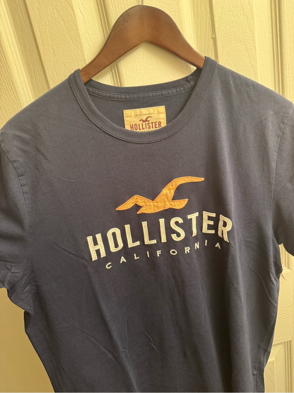 Hollister Navy Blue Short Sleeve Logo Tee with Yellow Accent